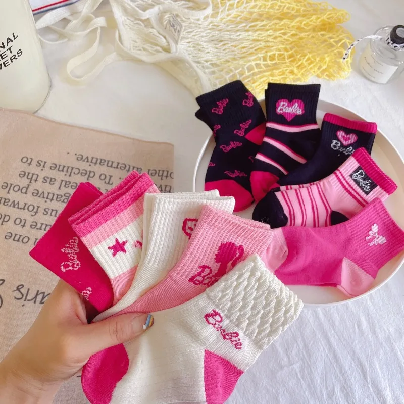 Kawaii 10pcs Barbie Different Colors Socks MINISO Anime Lovely Girl Dopamine Pink Series Love Letter Stripe Comfortable Socks