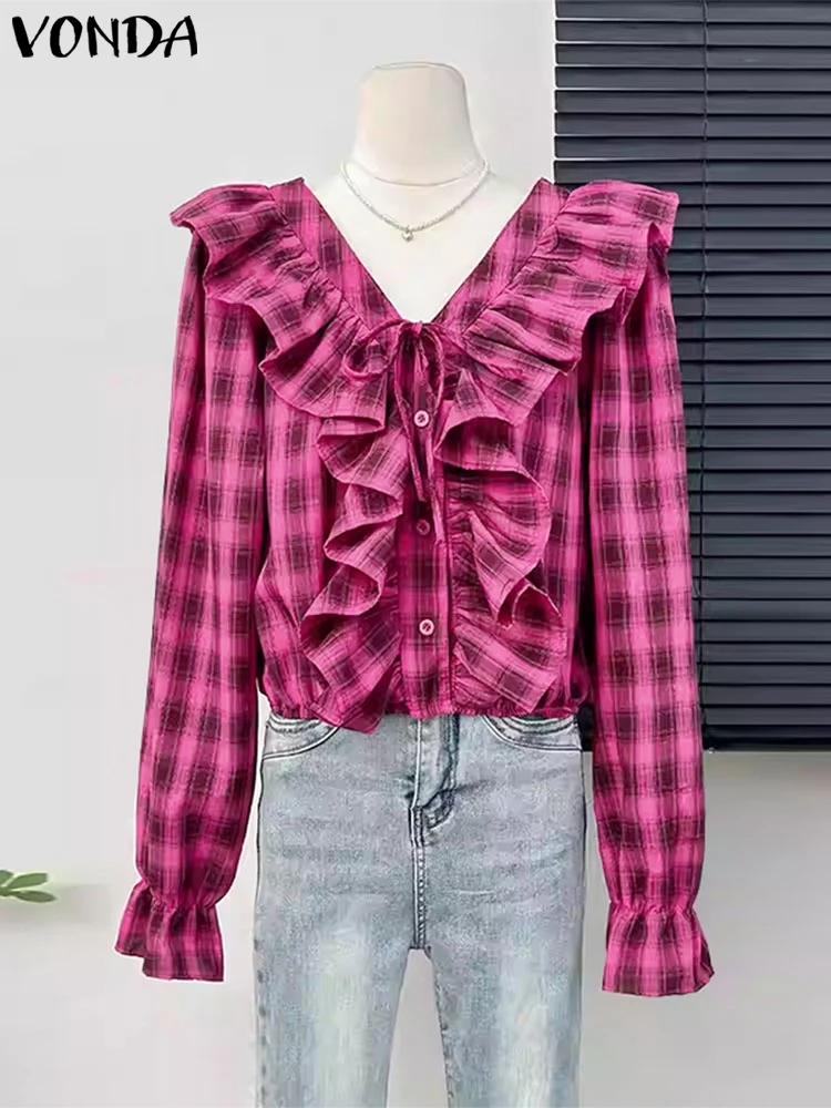 

VONDA Women Plaid Shirts Blouse 2025 Autumn Fashion Long Sleeve V-Neck Bandage Casual Elegant Korean Tops Ruffled Tunic Blusas