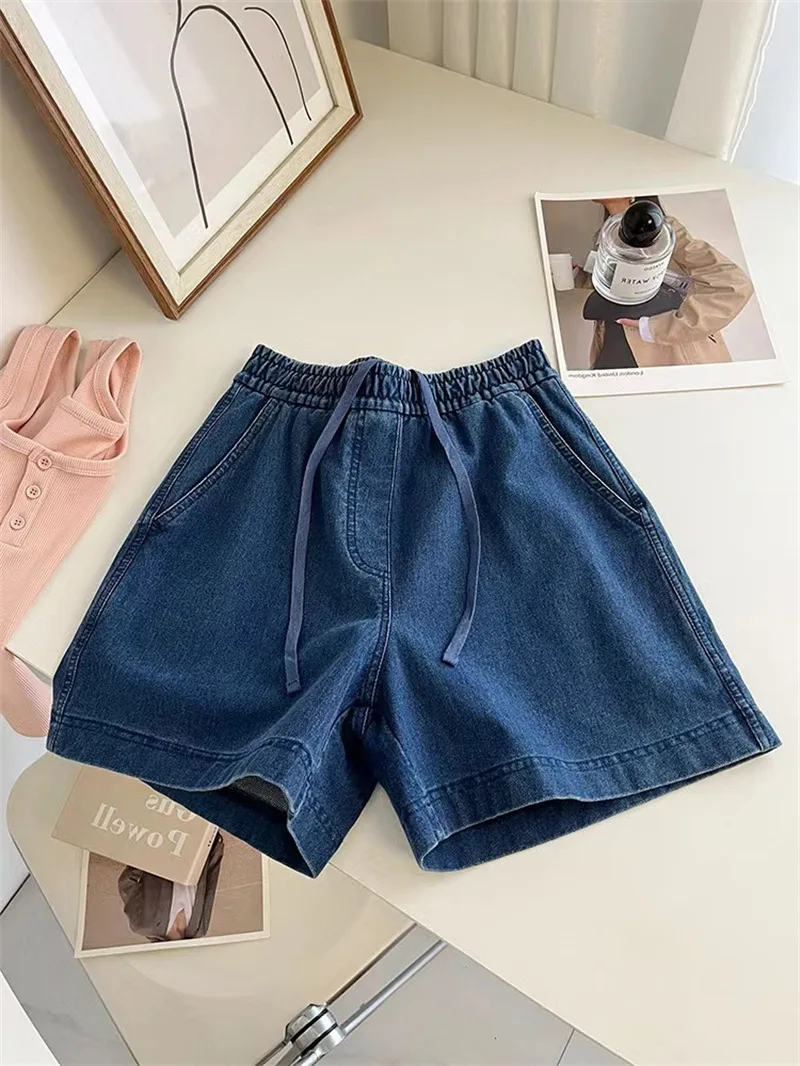 Denim Drawstring Elastic Waist Shorts Women Loose Wide Leg Casual Bermuda Shorts