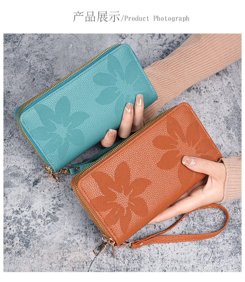 Neue Doppel-reißverschluss Große Kapazität Lange Brieftasche für Frauen Mode Multi-schicht Telefon Münze Karte Geldbörse Floral Geprägte PU leder – Detail 9