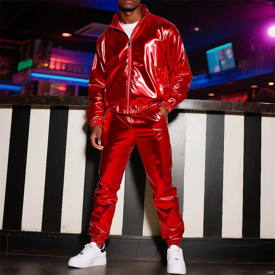 

Fashion Red Men's Sports Suit Shiny Stand Collar Jacket and Long Pants Leisure 2 Piece Sets Men Clothes Stage Costume Tracksuit