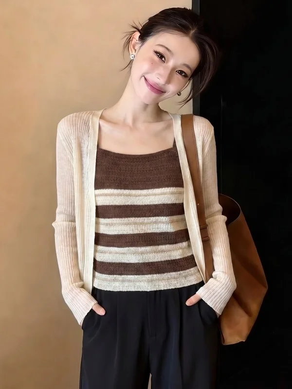 

Women's Summer New plus Size Stripe Sleeveless Top And Cardigan Two-Piece Set Sun Protection Fashion Outerwear Vest