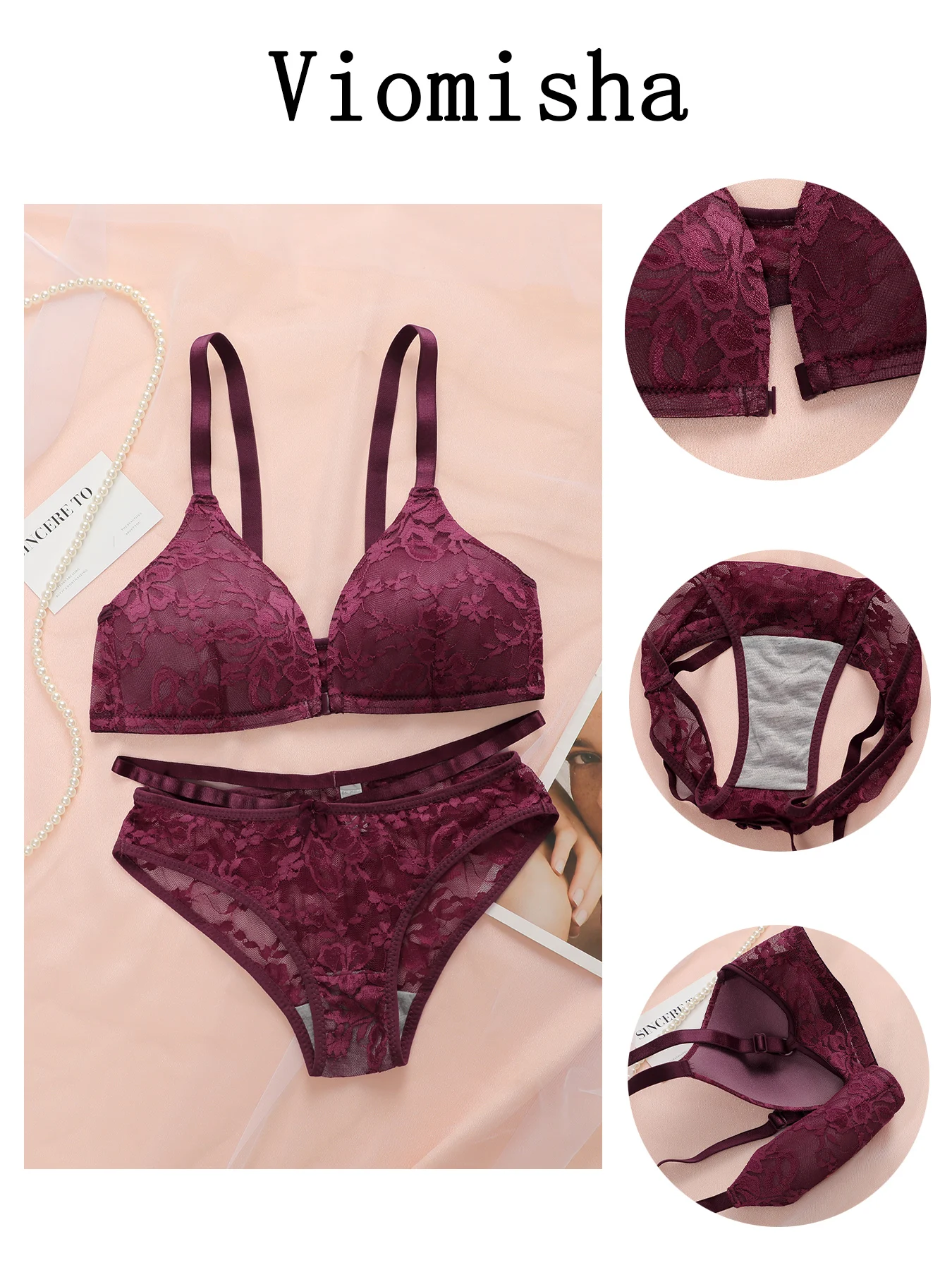 Conjunto de ropa interior de encaje con encanto Sexy para mujer joven, sujetador de estilo francés, copa moldeada fina ajustable, sin soporte de acero, correa fija