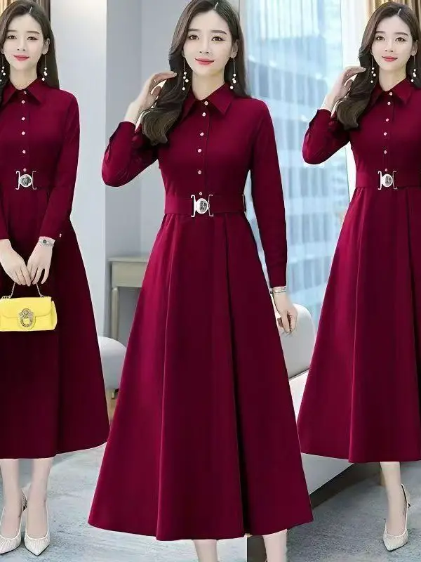 

Ele Korean Sle Long Sve Dr Casual Versatile Base Layer Skirt High Waist A-Line Dr Polyester Fiber Autumn Spring