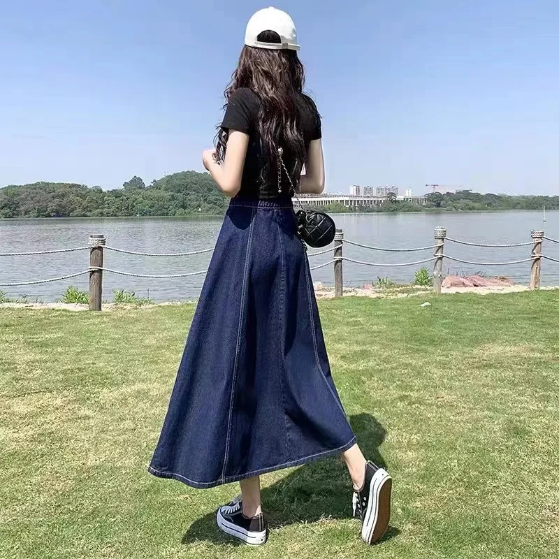 Summer Midi Skirt High Waist A-Line Flared Hem Cover Hip Loose Fit over Knee Length Simple Style Commute Denim Material