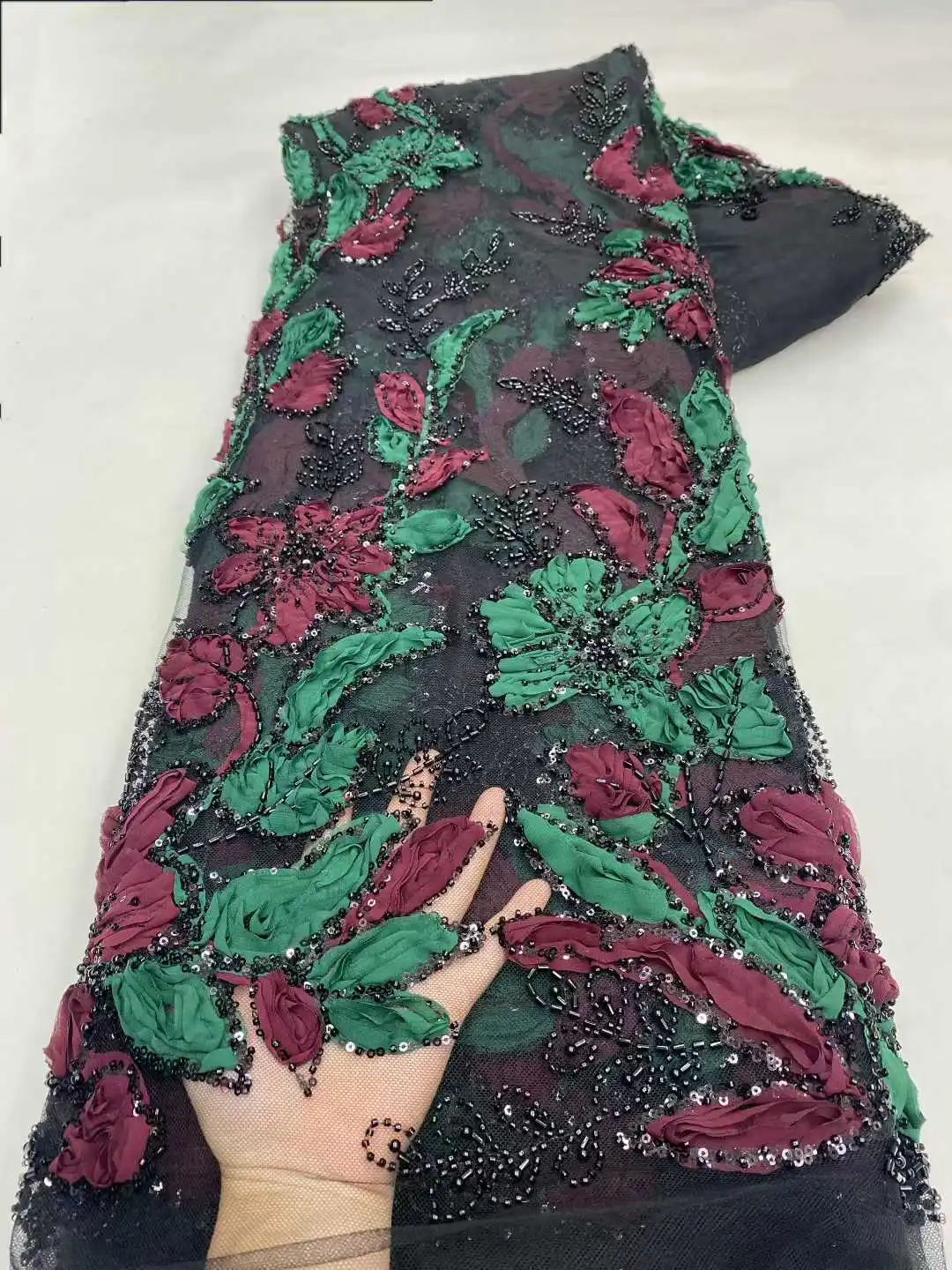 Latest 3D Flower African Beaded Lace Fabric Luxury French Nigerian Sequin Lace Fabric Ladies Party Wedding Dress Sewing SZ1551