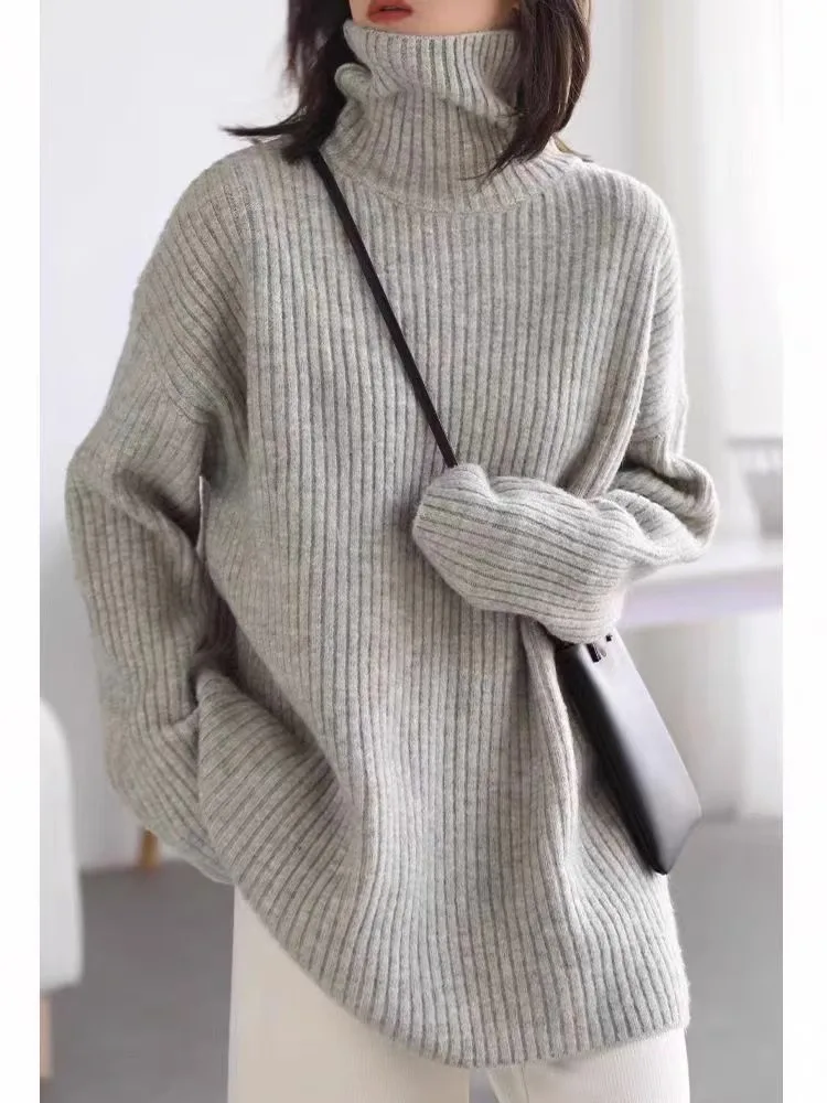 2024 winter mid-length pure cashmere sweater women's European goods loose rtleneck thick base sweater