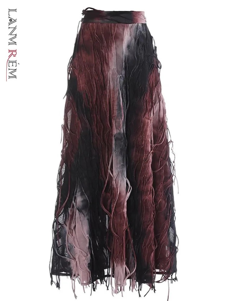 LANMREM Gradient Tie Dye Long Skirt Retro Design A-line Tassel Umbrella Skirts For Women High End Party Wedding Clothing 2DB2155