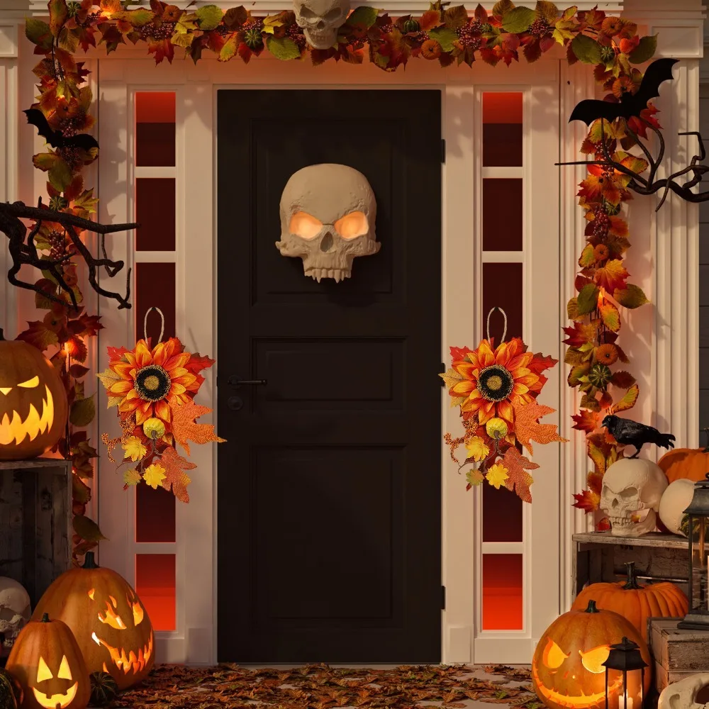 2PCS Artificial Fall Wreaths 7.87x11.81in Harvest Style Door Hanging Wreaths Hanging Autumn Theme Maple Leaf Wreaths Indoor
