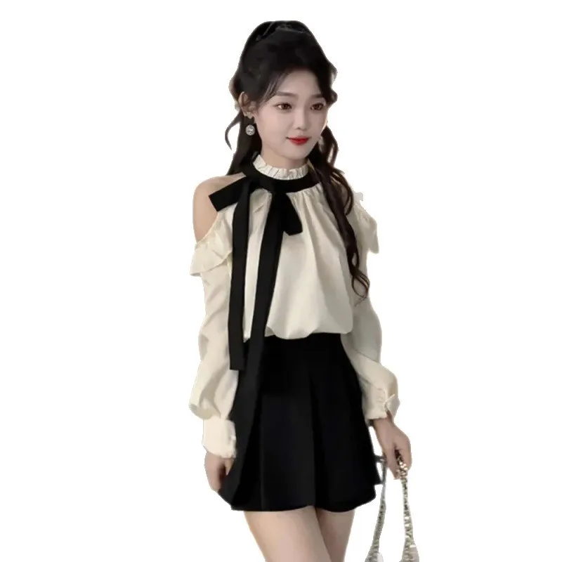 النمط الفرنسي الكتف عارية قميص أعلى ونصف تنورة قطعتين مجموعة المرأة تصميم الأزياء لباس غير رسمي نسيج البوليستر #5