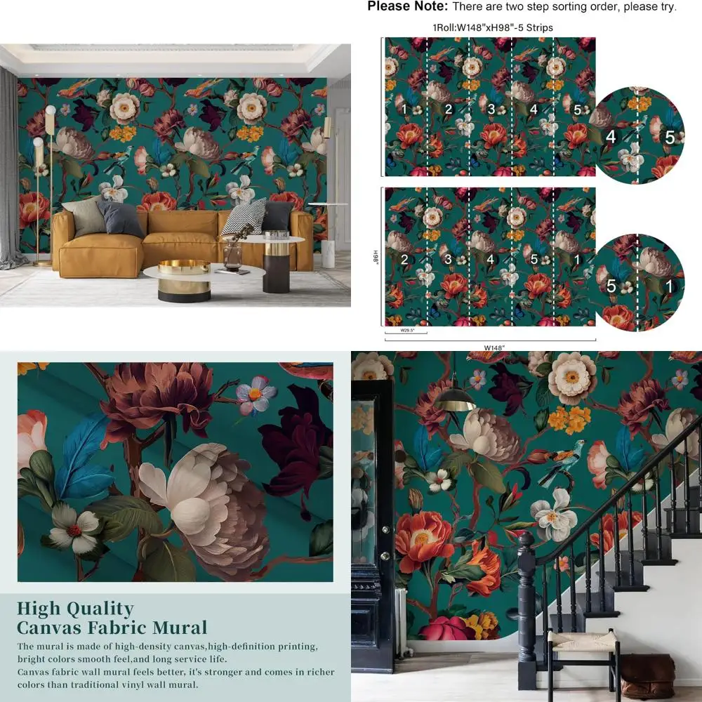 

Большая съемная настенная роспись с цветочным принтом, винтажный стиль, ширина 148 дюймов x высота 98 дюймов, обои для снятия и наклеивания