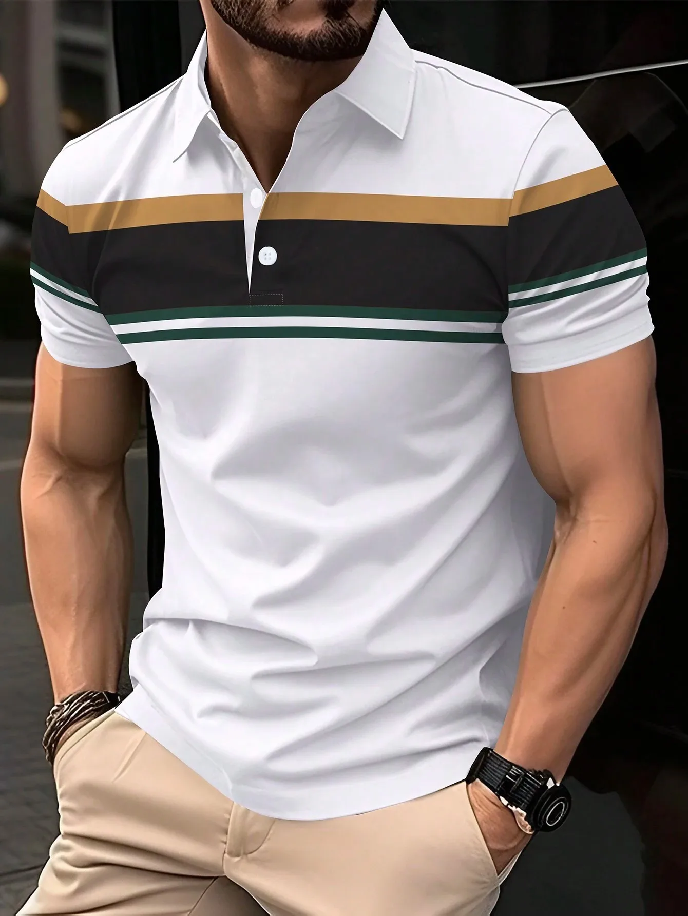 New Summer Men\'s Polo Shirt Button Collar Short Sleeve Pullover Casual Sports Solid Color Striped Lapel Trend Men\'s T Shirt