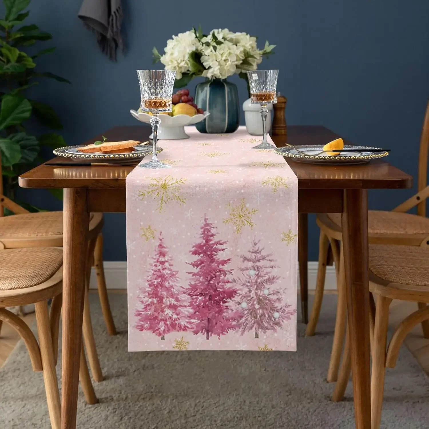 Christmas Pink Pine Tree Gold Snowflake Linen Table Runners Dresser Scarf Decor Durable Dining Table Runners Wedding Decoration