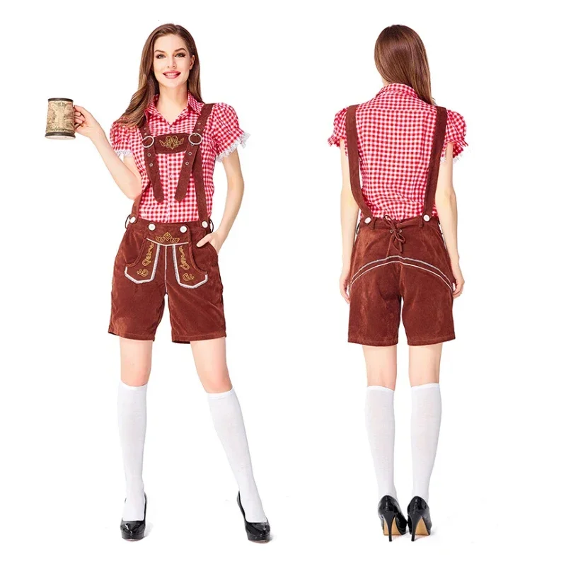 バイエルンスタイルの女性のオクトーバーフェスト衣装レースチェック柄シャツレーダーホーゼンブラックブラウンビール祭りコスプレファンシーパーティー衣装