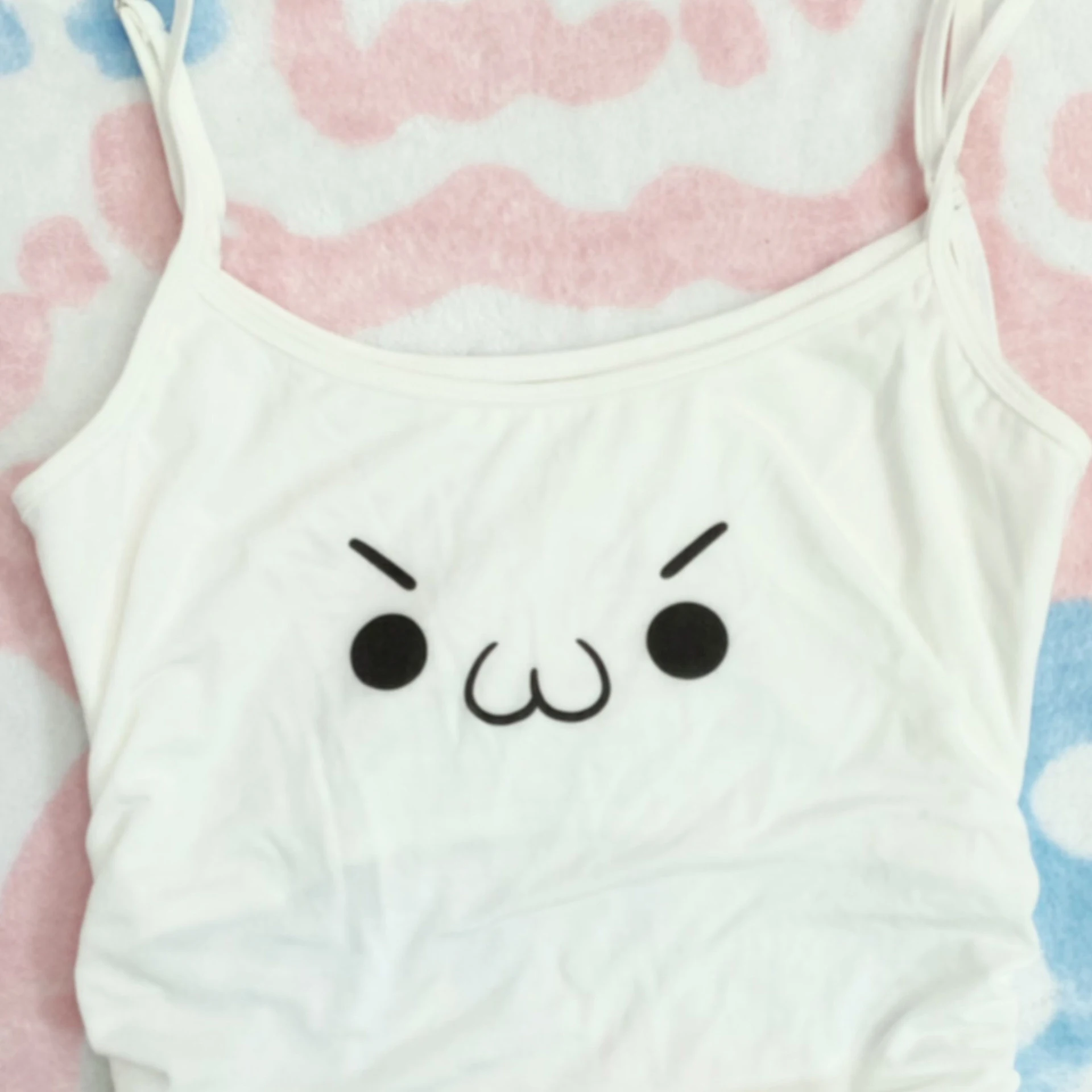 Cute Cat Face Print Women Cami Tank Top White Sleeveless Spaghetti Strap Vest Soft Casual Summer Daily Wear Camisole