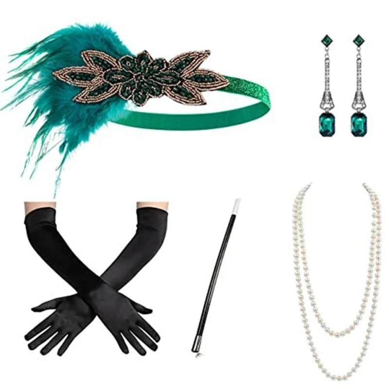 20s Flapper Women Costume Gatsby Party Headband Necklace Earrings 1920s Vintage Cos-play Party Costume Accessories Set