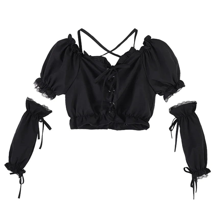 KOSAHIKI Crop Black Blouses Women Ruffles Harajuku Off Shoulder Slim Cropped Sexy Chic Female Summer Gothic Streetwear Y2k Tops