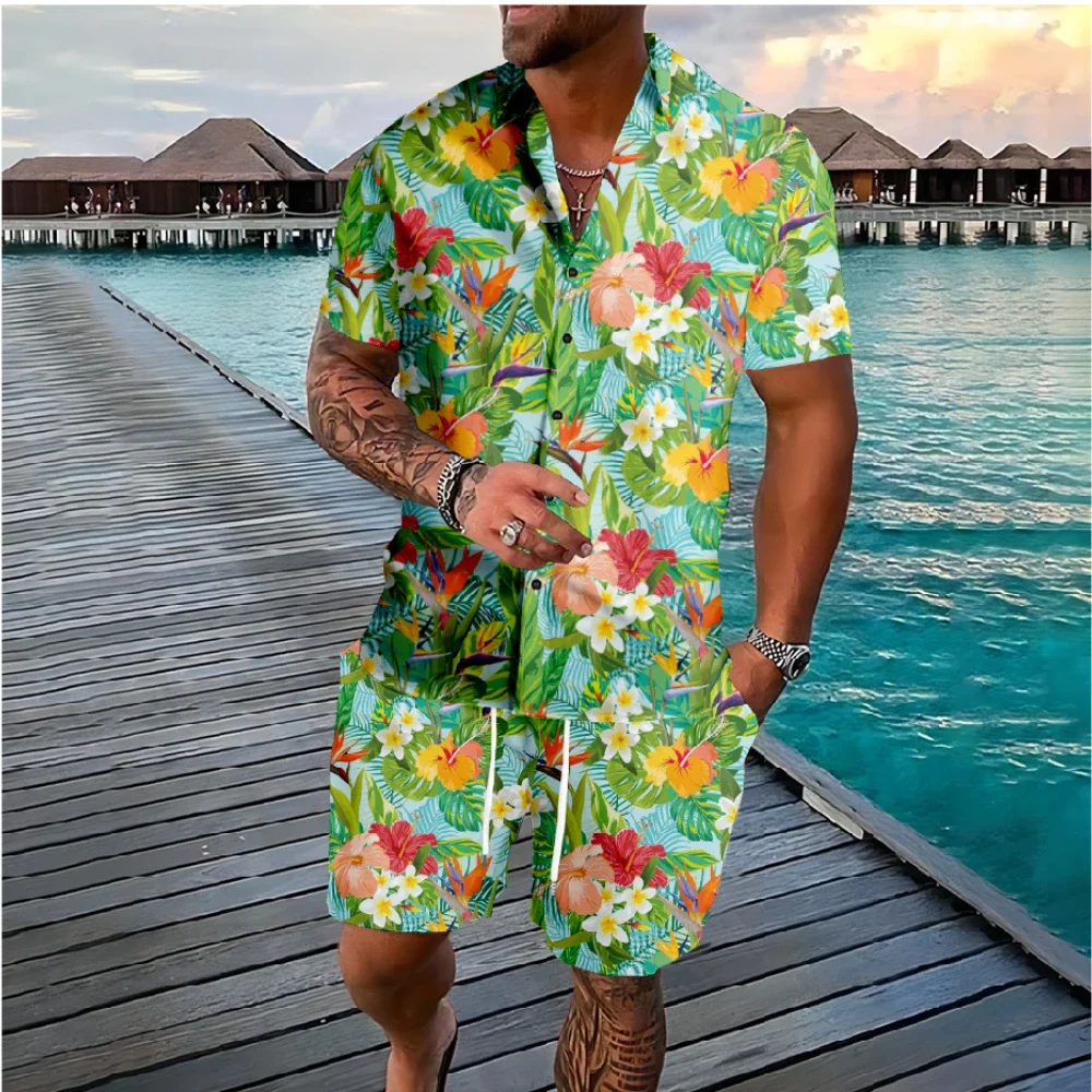 Conjunto de 2 uds de camisa de manga corta con estampado 3d de árbol de coco y flamenco hawaiano, ropa de playa informal para vacaciones, trajes de 2 piezas, ropa para hombre