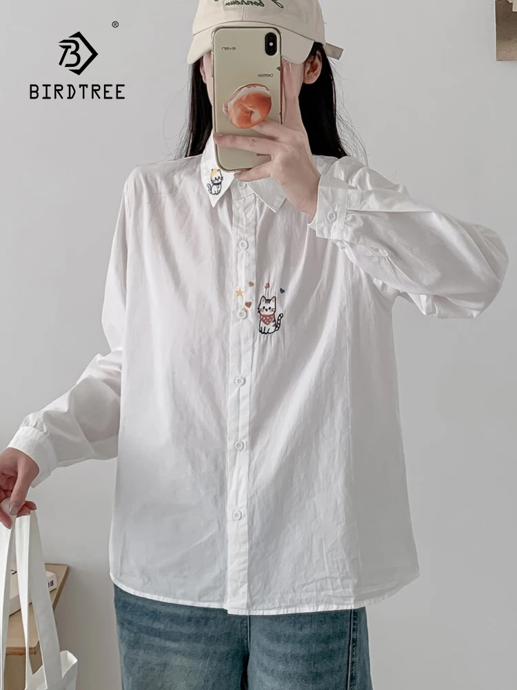 

New 2026 Spring Women Cotton Long Sleeve Shirt, Lapel Cat Embroidery, Mori Girl Casual Preppy Style Loose White Blouse T63718CC
