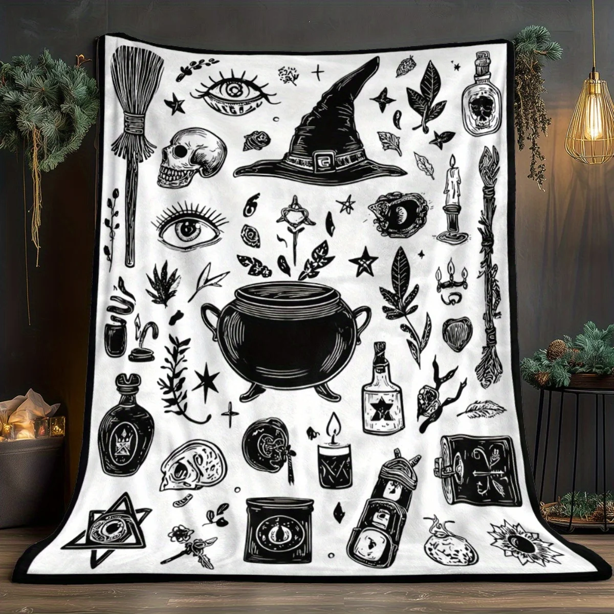 Black White Witch Cauldron Skull Witch Hat Pattern Warm Flannel Blanket Occult Print For Sofa Bedroom Camping Home Warm Decor