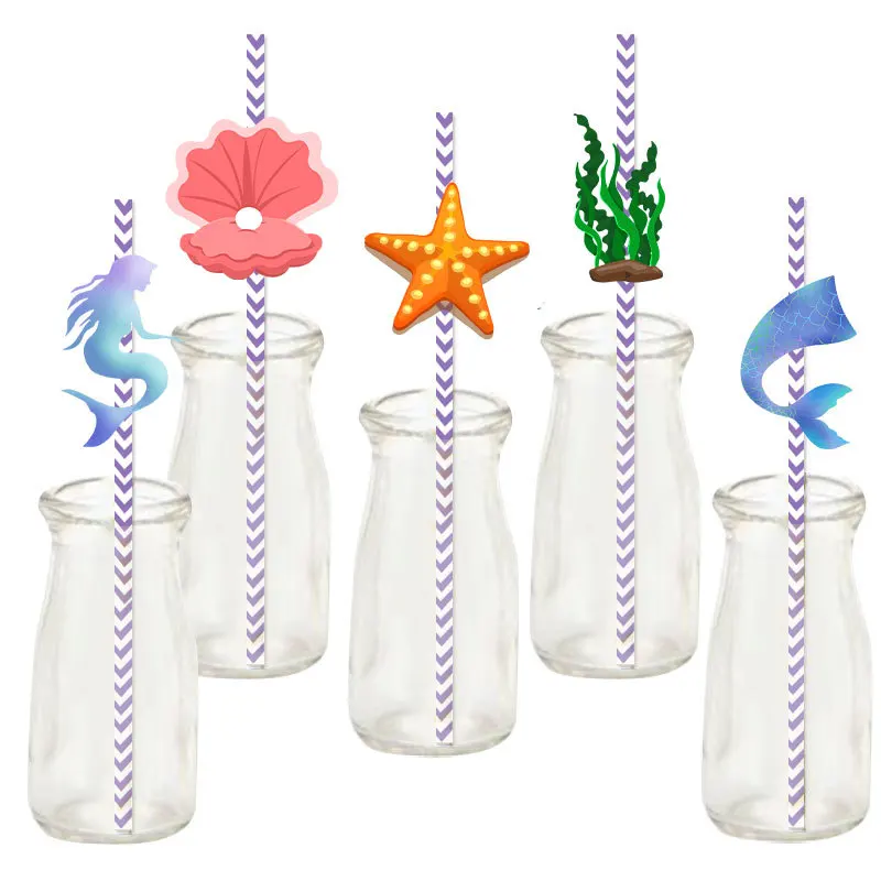 Disposable Paper Straws, Sea Animal, Ocean Mermaid Party Decoration, Straw Insert Flag, 24Pcs