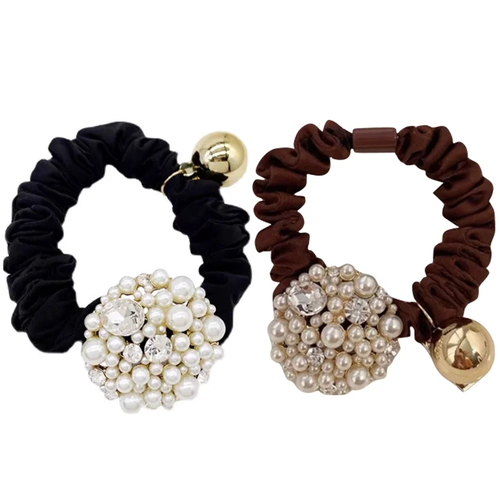 

2Pcs Pearl Ponytail Holder Rhinestone Decorative Cuff Accessories Ponytail Holder Hair Tie Women Black Brown Stylish Elegant