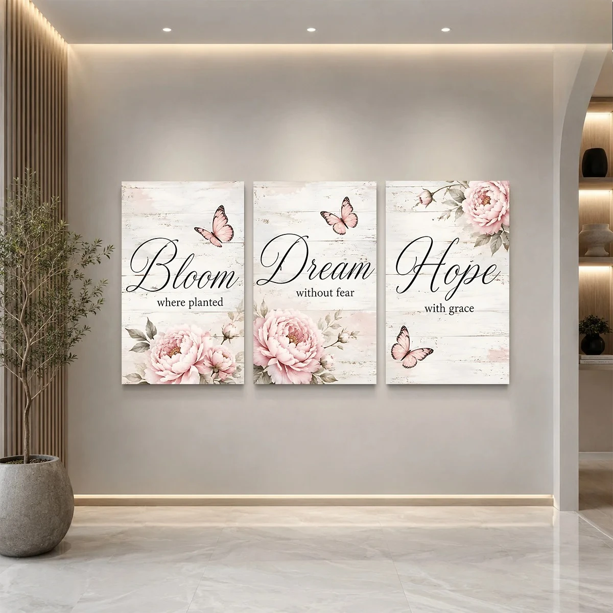 2D Flat 3PCS - Bloom where planted Dream without fear Hope with grace peonies butterflies on wood Themed Canvas Wall Art, Wat