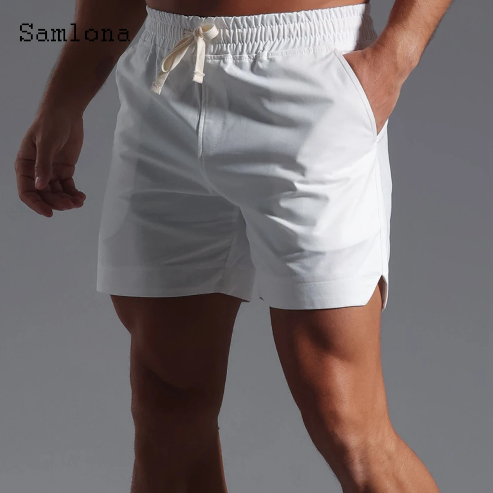 

Mens Stand Pocket Shorts 2025 European Style Casual Run Fitness Beach Short Pants Solid White Khaki Elastic Waist Hotpants New