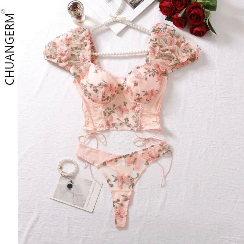 CHUANGERM Lace Hot Erotic Perspective Sexy Outfits Lingerie Female Underwear Backless Bra and Panties Sets Floral Embroidery Set