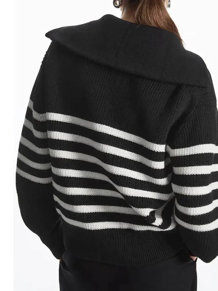 Women\'s Striped Sweater Zip Thick Fall Loose Turtleneck Knit Jumper Turn-down Collar Casual Oversize Fashion Women Sweaters 2024