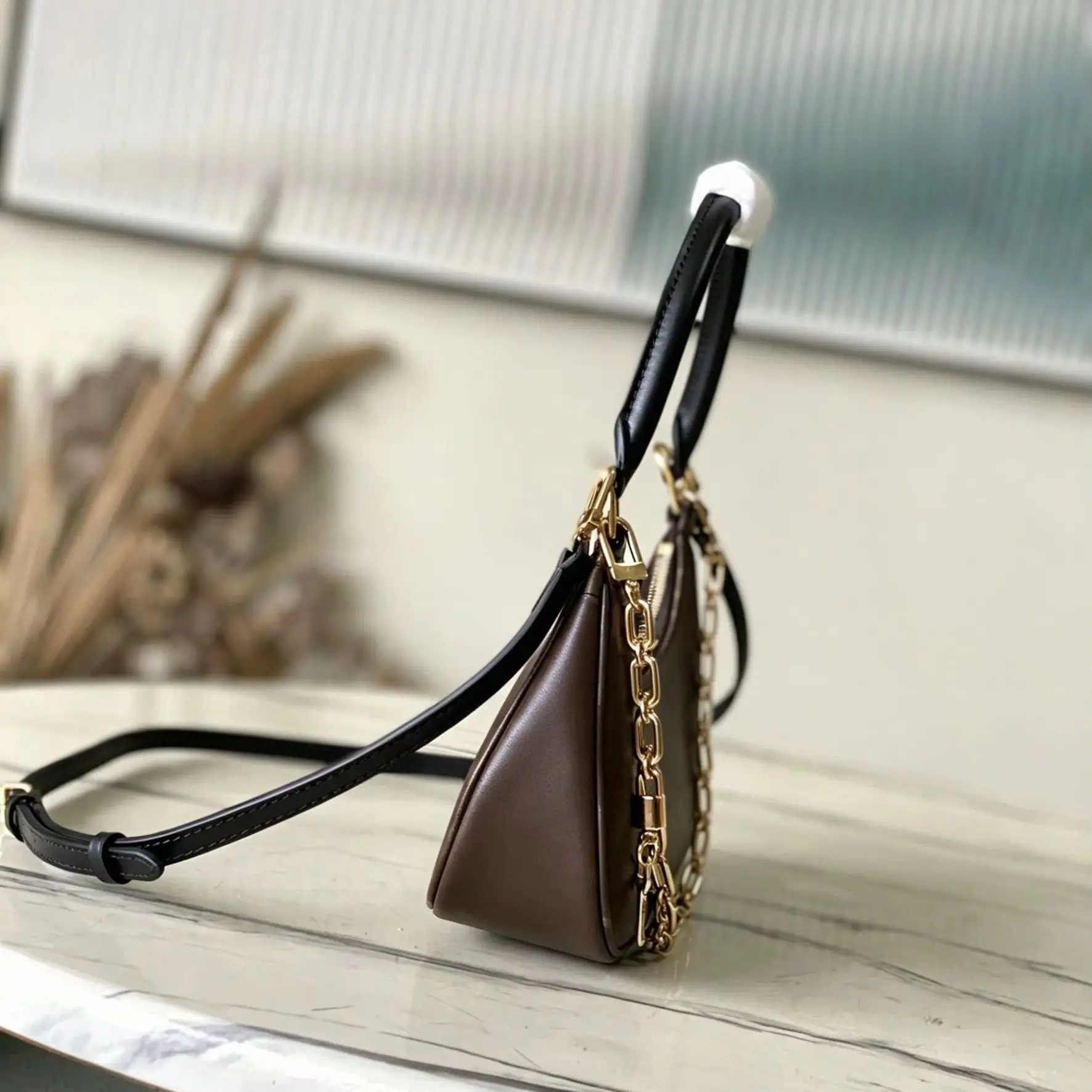 Dark Brown Smooth Leather Triangle Bag, Luxury Multi-Way Mini Handbag