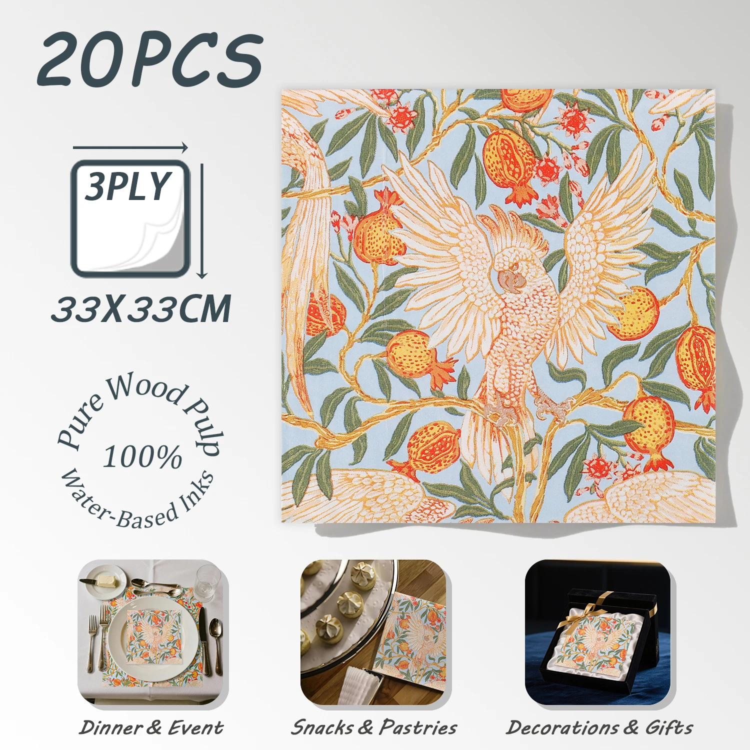 20 шт., бумажная салфетка с принтом попугаев