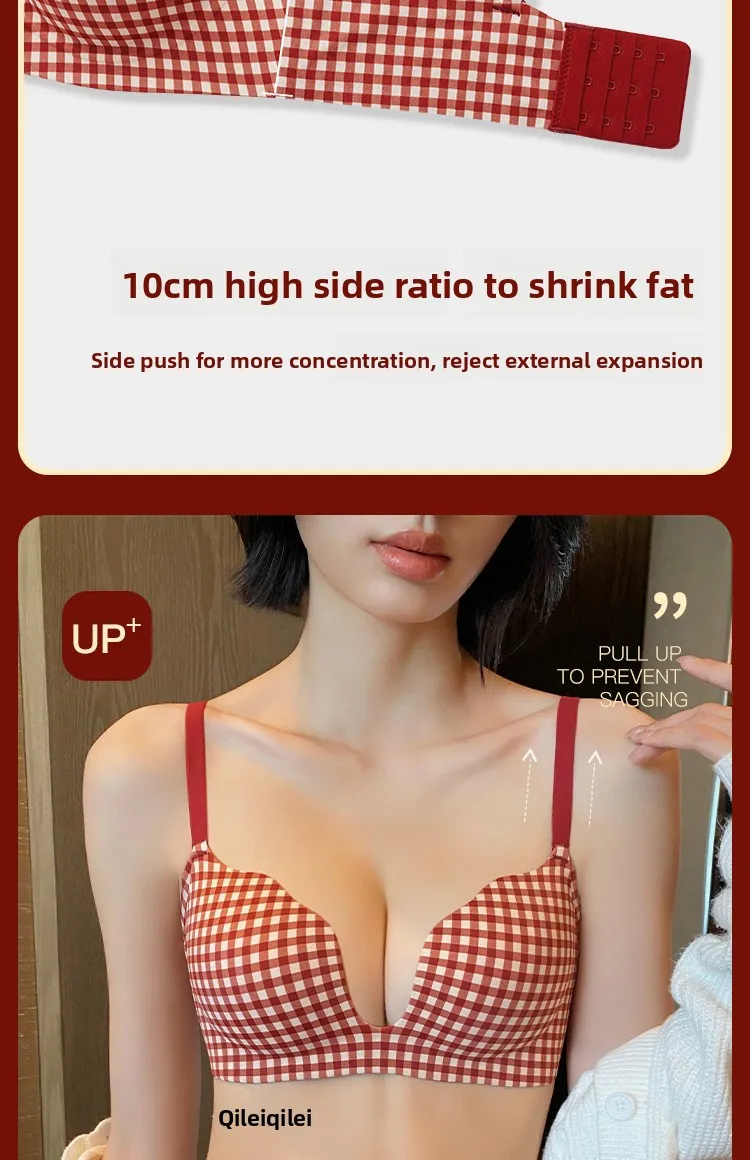 FallSweet Klassischer kabelloser Push-up-BH für Frauen mit kleiner Brust, nahtloser rot karierter Bralette, bequeme Dessous, Damen-BH – Detail 12
