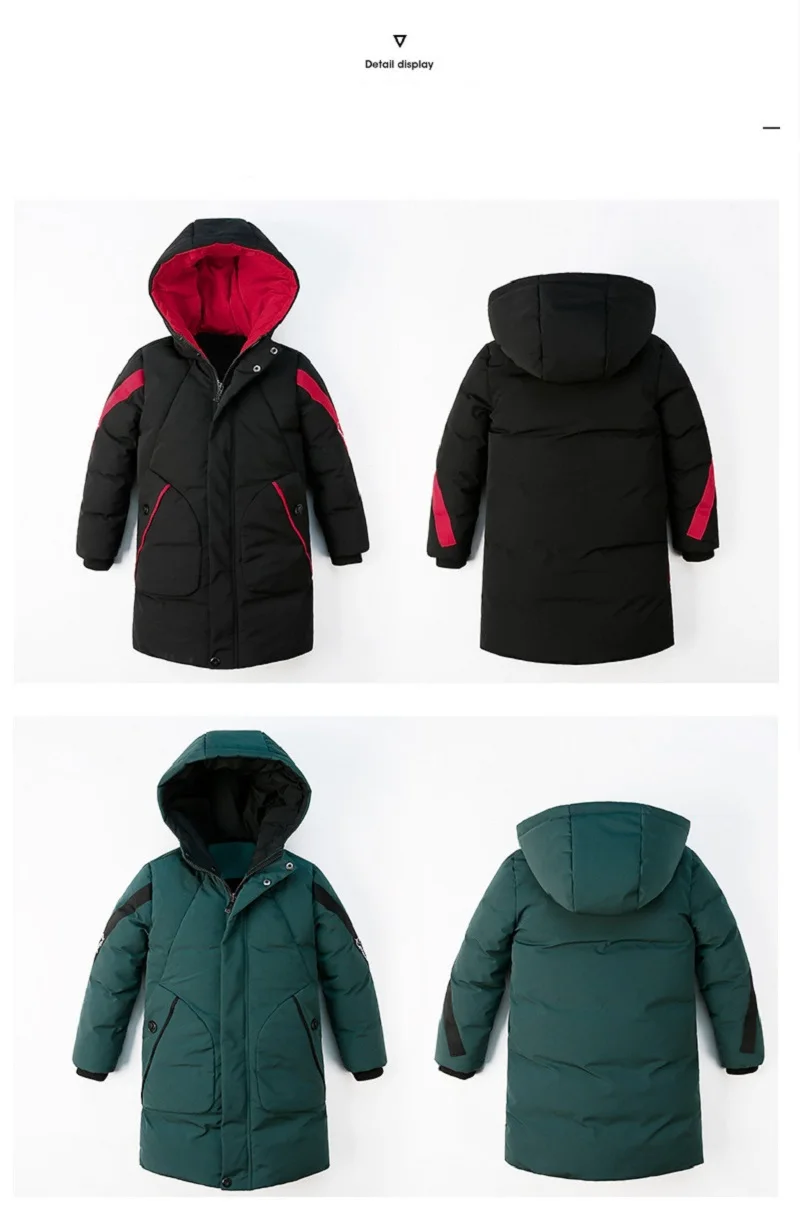 Winter Boys Windproof Warm Cotton Contrast Hooded Zip Long Puff Jackets School Kids Therme Parka Child Snow Coat Outfit 5-15Yrs