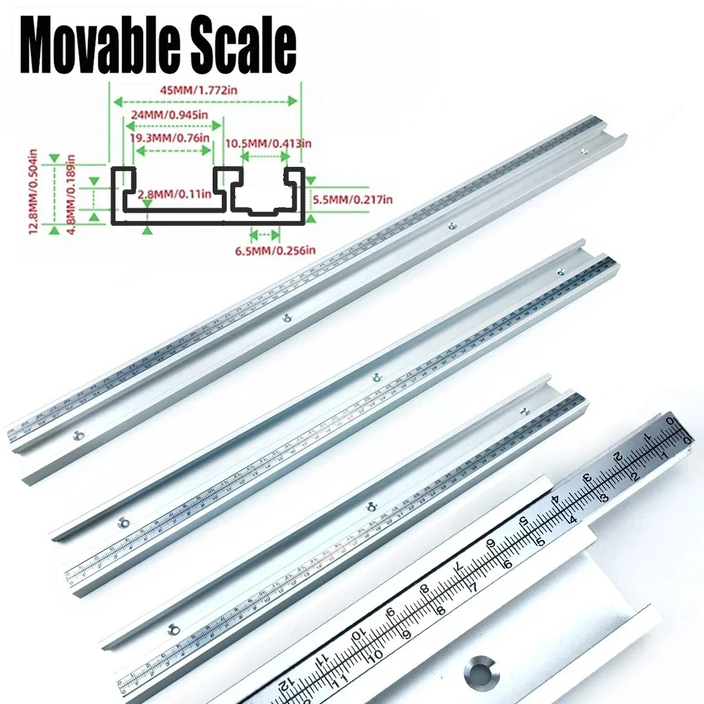 45Type T Track Aluminum Alloy Chute Woodworking 40/50cm Movable Scale 45# T-track Tool for DIY Table Saw Miter Gauge &Push Block