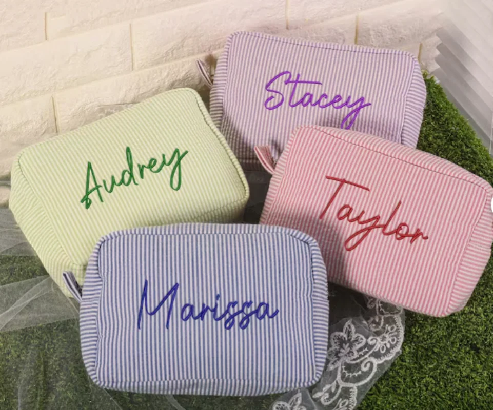 

Custom Seersucker Cosmetic Bag, Personalized Embroidered Makeup Bag, Monogrammed Toiletry Bag, Bridesmaid Gift, Christmas Gift