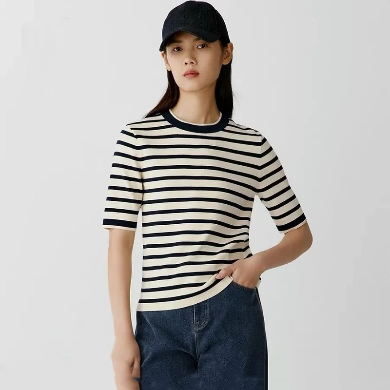 Summer Fashion Women's New Wool Cotton Short-sleeved Tees Sweater Round Collar Striped Pullover Tops Knitted Bottoming T-shirt