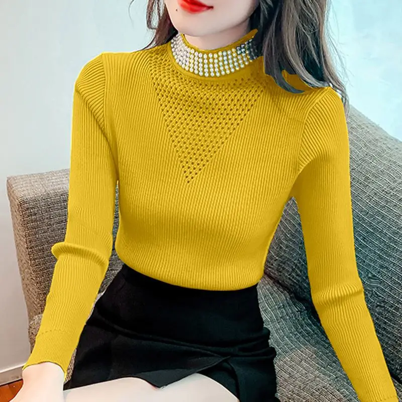 Fashion Stand Collar Spliced Hollow Out Diamonds Sweaters Women Clothing 2023 Autumn Winter Loose Korean Pullovers Casual Tops