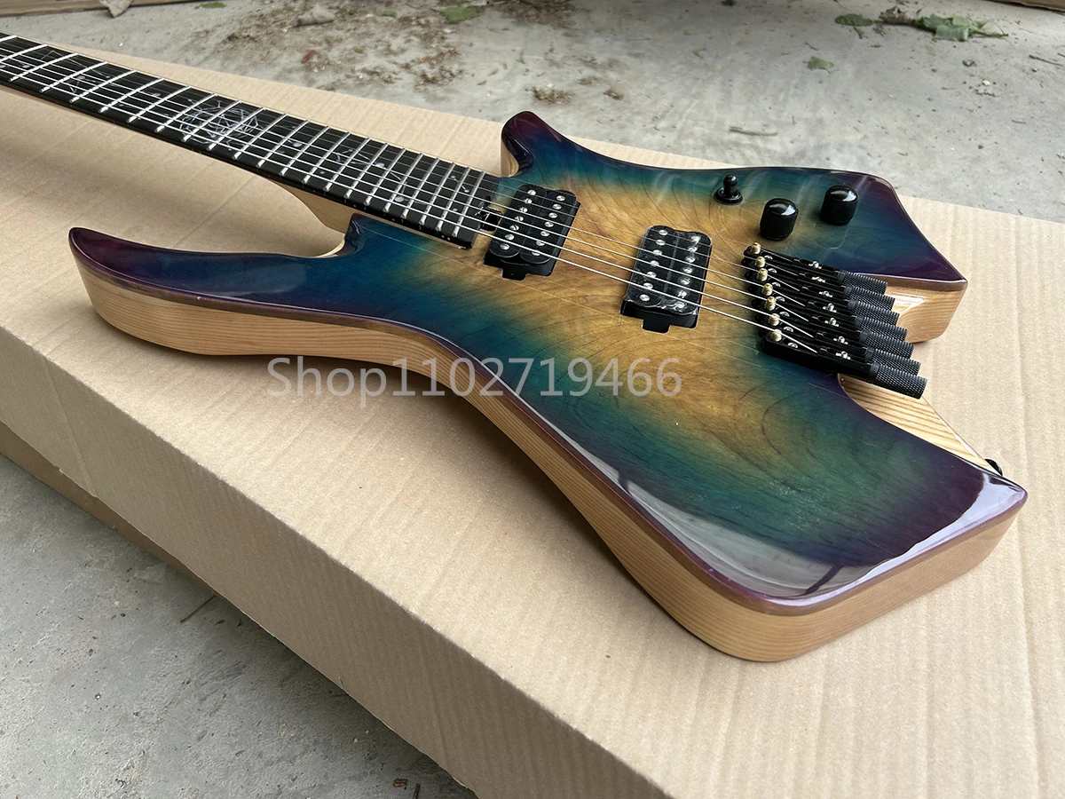 Factory Headless 7 Strings Electric Guitar Ebony Fretboard Ash Body Maple Neck Special Top Customizable