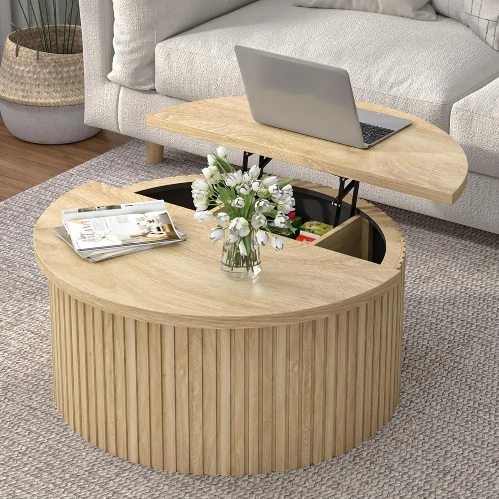 

Round Fluted Lift Top Coffee Table with Storage, 34.6'' Farmhouse Round Coffee Tables for Living Room, Circle Wood Accent Center