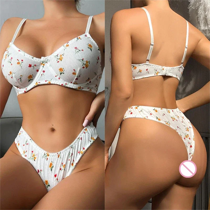 

Bra Set Girls Pure Knitted Countryside Style Small Fragmented Flower Steel Ring Two Piece Set women's lingerie Woman clothing