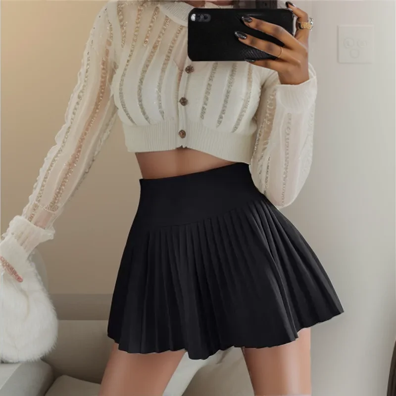 

Summer High Waist Womens Sexy Mini Skirts Side Zipper Vintage Pleated Skirt Korean Student White Tennis Skirts Short Black
