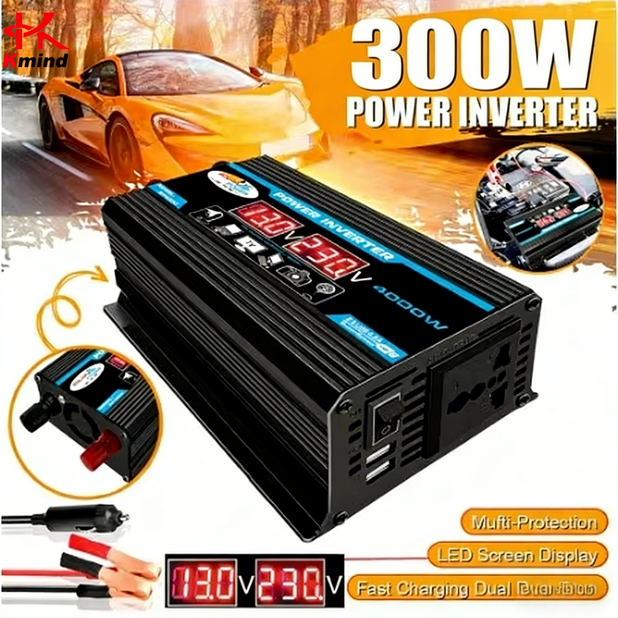 

Автомобильный инвертор KMIND 300 Вт, преобразователь 12В в 220В/110В, пиковая мощность 600 Вт, дисплей напряжения, два USB-порта, автоматический запуск, высокая эффективность