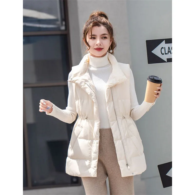 2025 New Parkas Women Vest Coats Thick Warm Sleeveless Turn Down Collar Drawstring Tight Waist Coat Single Breasted Autumn Winte