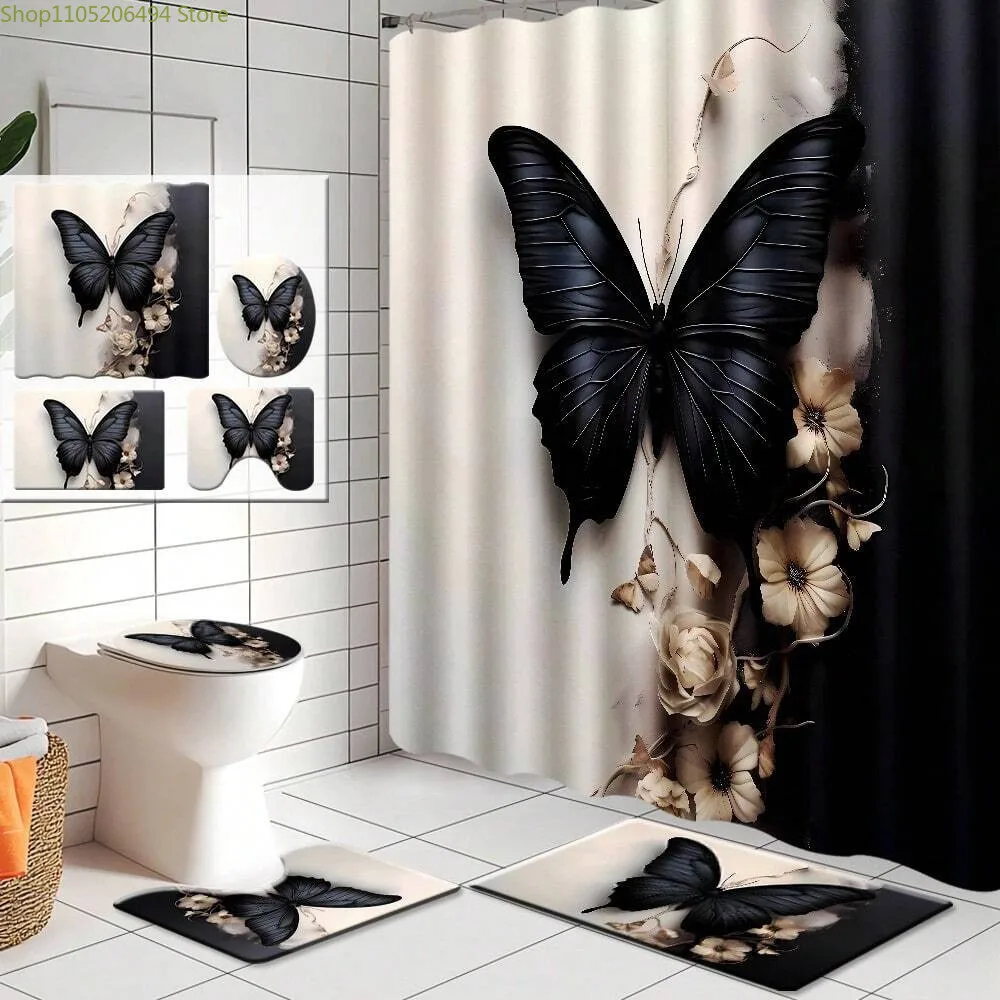 

1pc/3pcs/4pcs Abstract Black Butterfly Winter Bathroom Curtain Digital Print Polyester Shower Curtain No-Hole Punch Partition