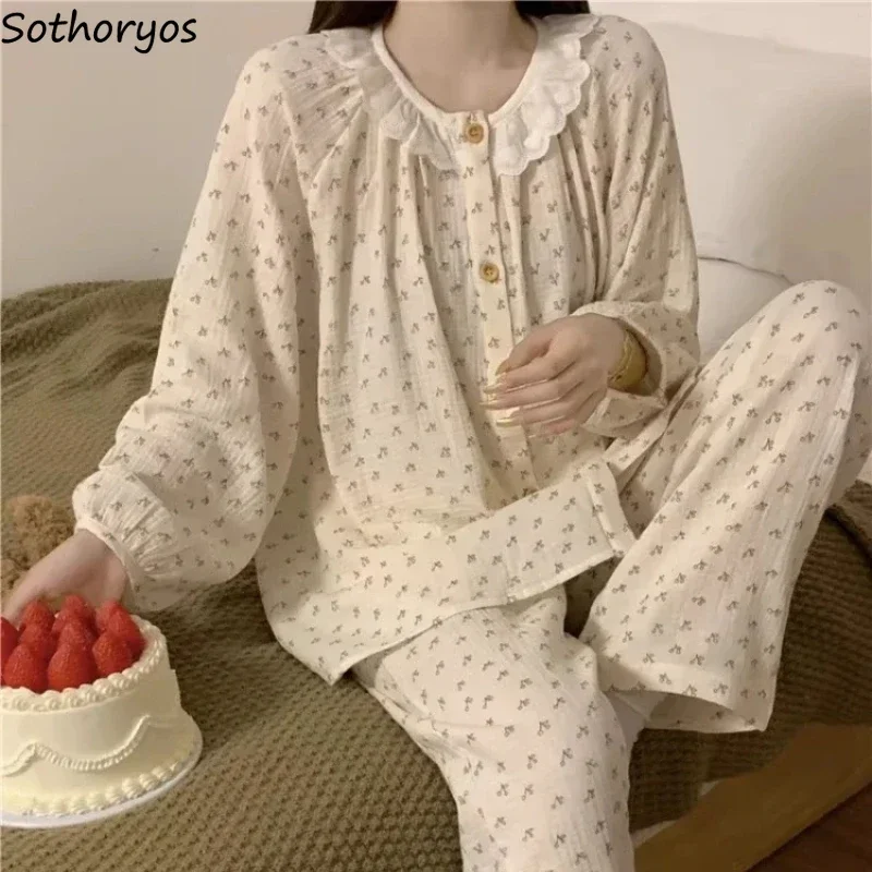 

Пижамные комплекты женские мешковатые домашние повседневные пижамы с цветочным принтом в корейском стиле универсальные для отдыха на каждый день эстетика весна осень Пижама Женская
