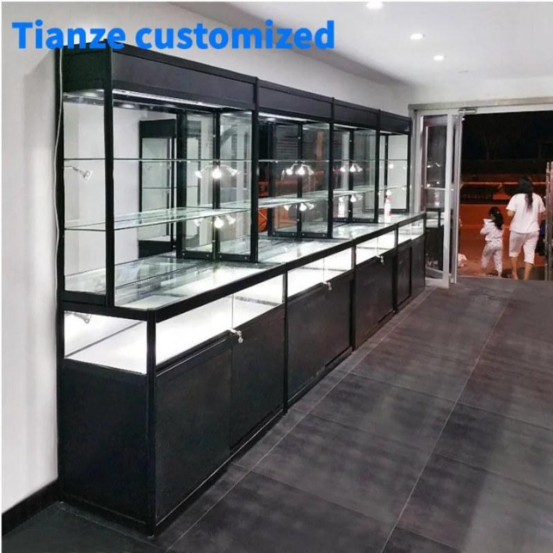 (Customized) floor standing glass display cabinet multilayer phone display counter with LED light frameless glass showcase p