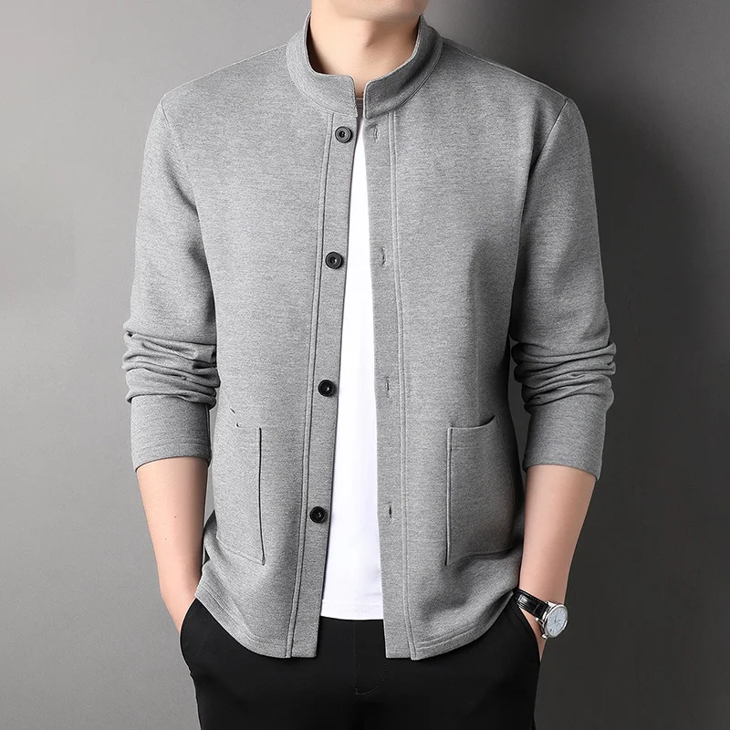 New Arrival Men\'s Solid Color Hoodless Cardigan with Single-breasted Button and Half-high Collar, Regular Fit Straight