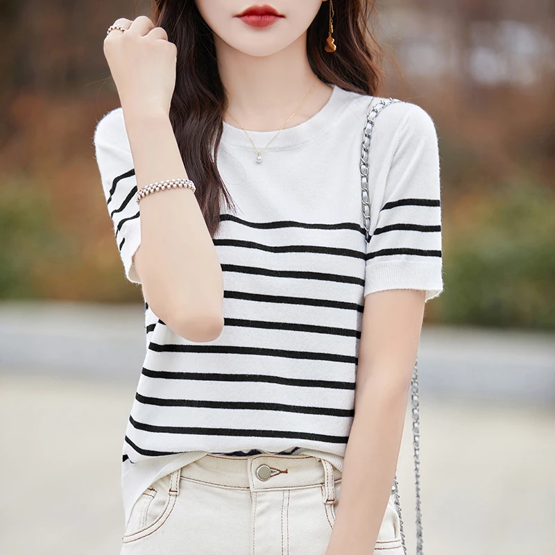 Women\'s 100% Merino Wool Top Round Neck O Neck Striped Sweater Short Sleeve T-Shirt 2024 New Model