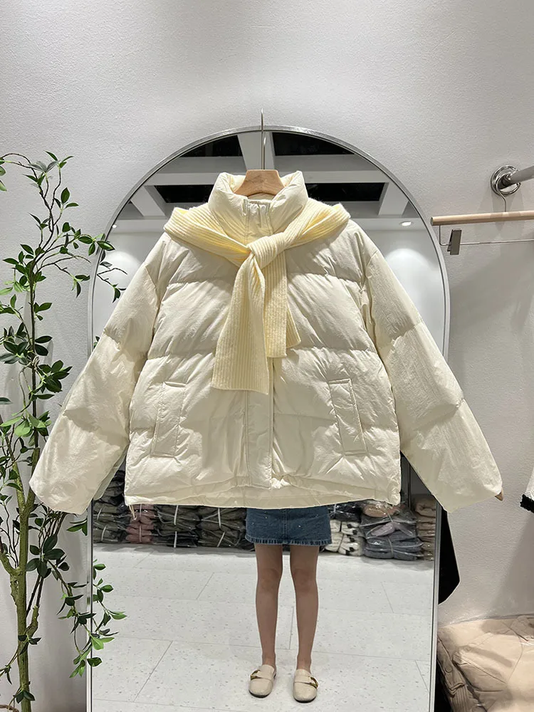 

Women White Duck Down Jacket with Knitted Hood Scarf Loose Casual Warm Autumn Winter Short Outwear 10 Colors 2023 New